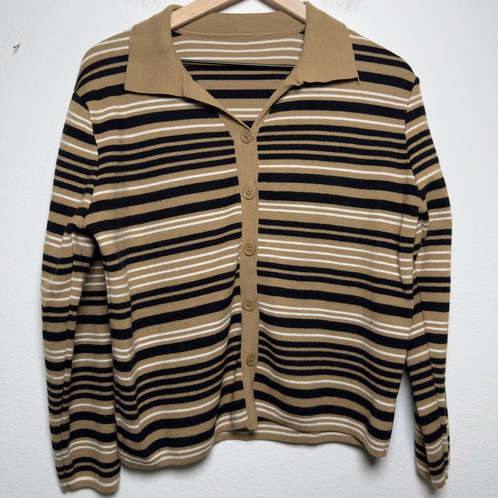 Selfie Couture Women Cotton Ramie Striped Cardigan Sweater XL Brown Preppy Polo